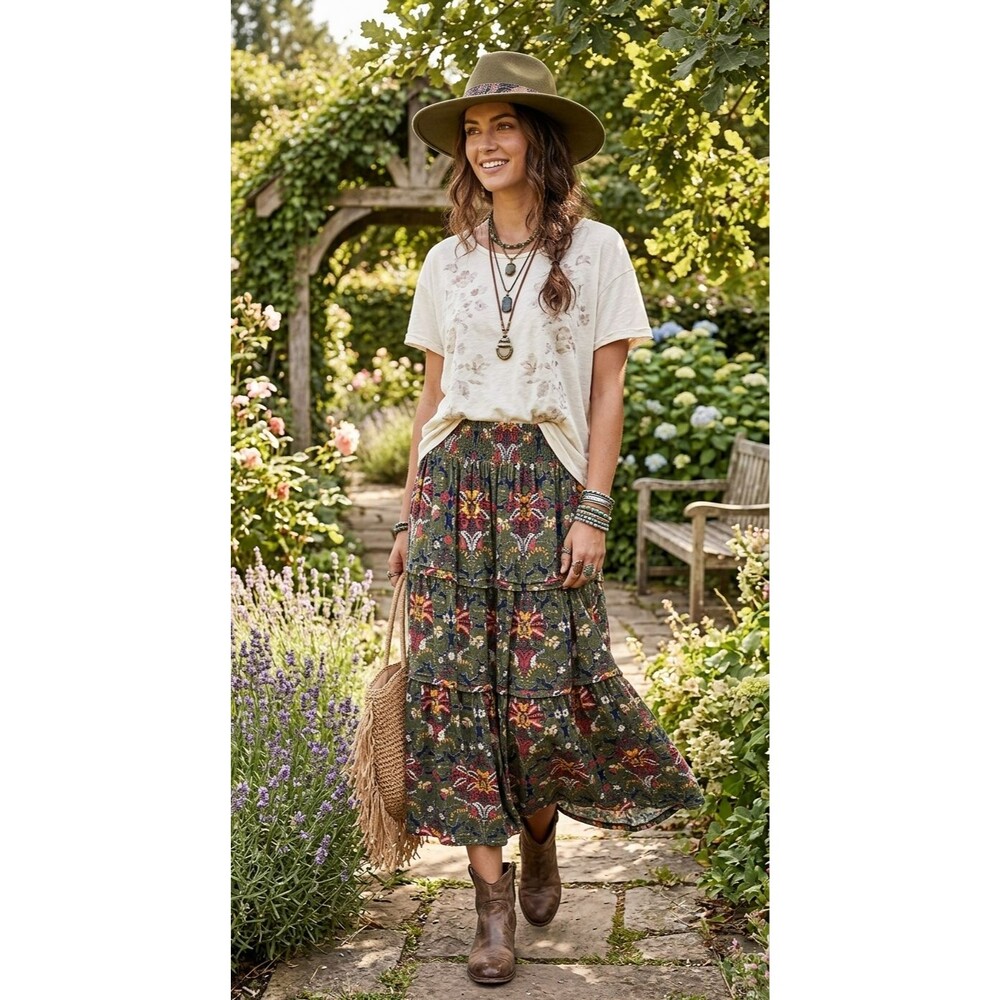 Farmers Market Small Midi Floral Skirt Heavy Tiered Boho Cottagecore Tapestry